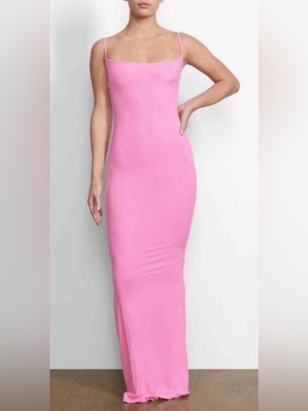 Skims Soft Lounge Long Slip Sleek Pink Spaghetti-Strap Maxi Dress Size L NWT